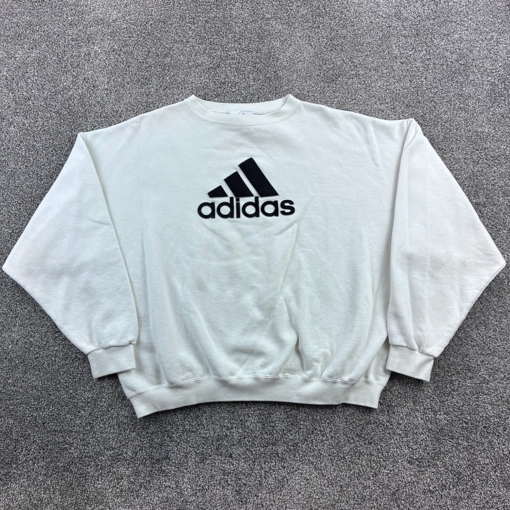 Vintage Adidas Sweatshirt Mens XL White Cotton Blend Embroidered Logo 90s Sports